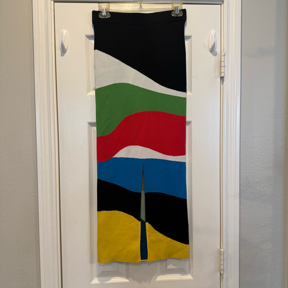 STAUD Multicolor Wave Midi Skirt in Black, Red, Green, Blue, Yellow - Picture 4 of 10
